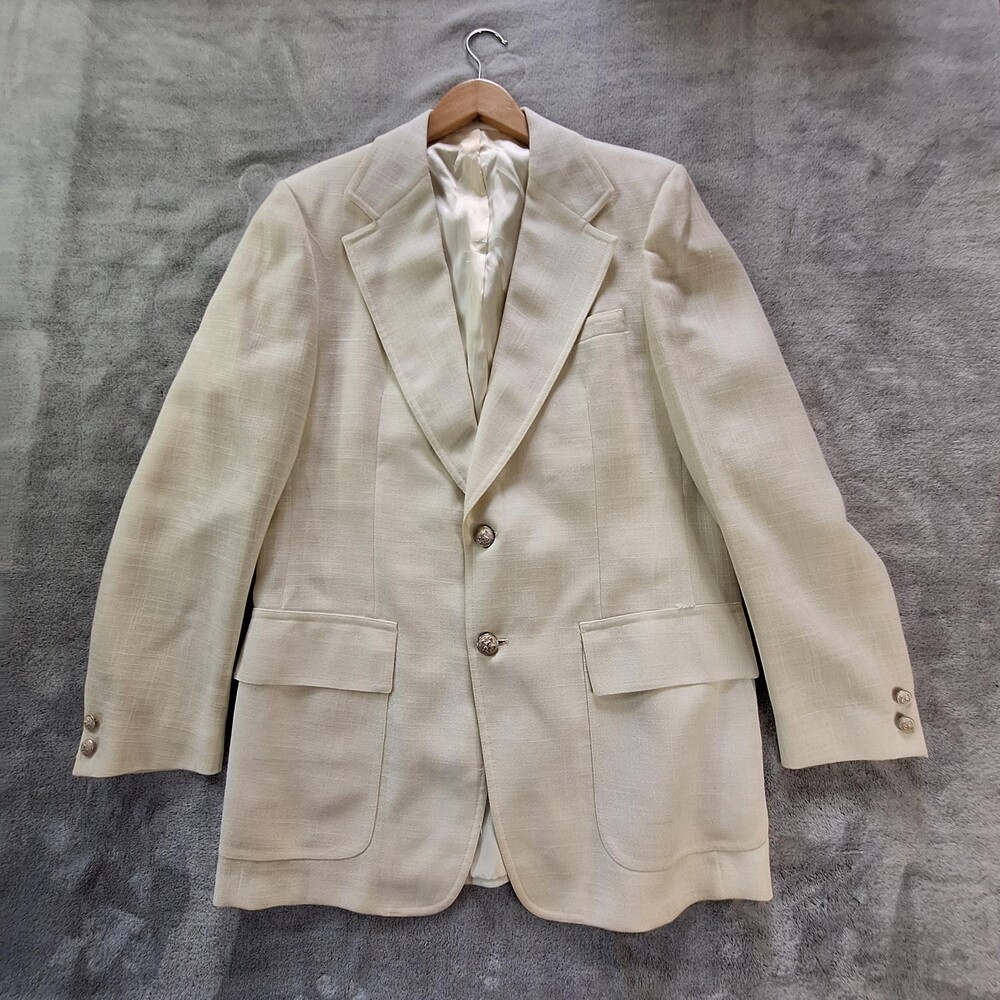 Vintage Newman's Blazer Mens 44 Beige Linen Blend Sport Coat Gold Buttons 80s
